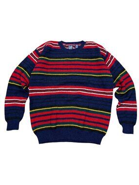 Vintage 90s GAP Striped Wool Sweater Mens Large Navy Red Yellow Green Preppy Cre